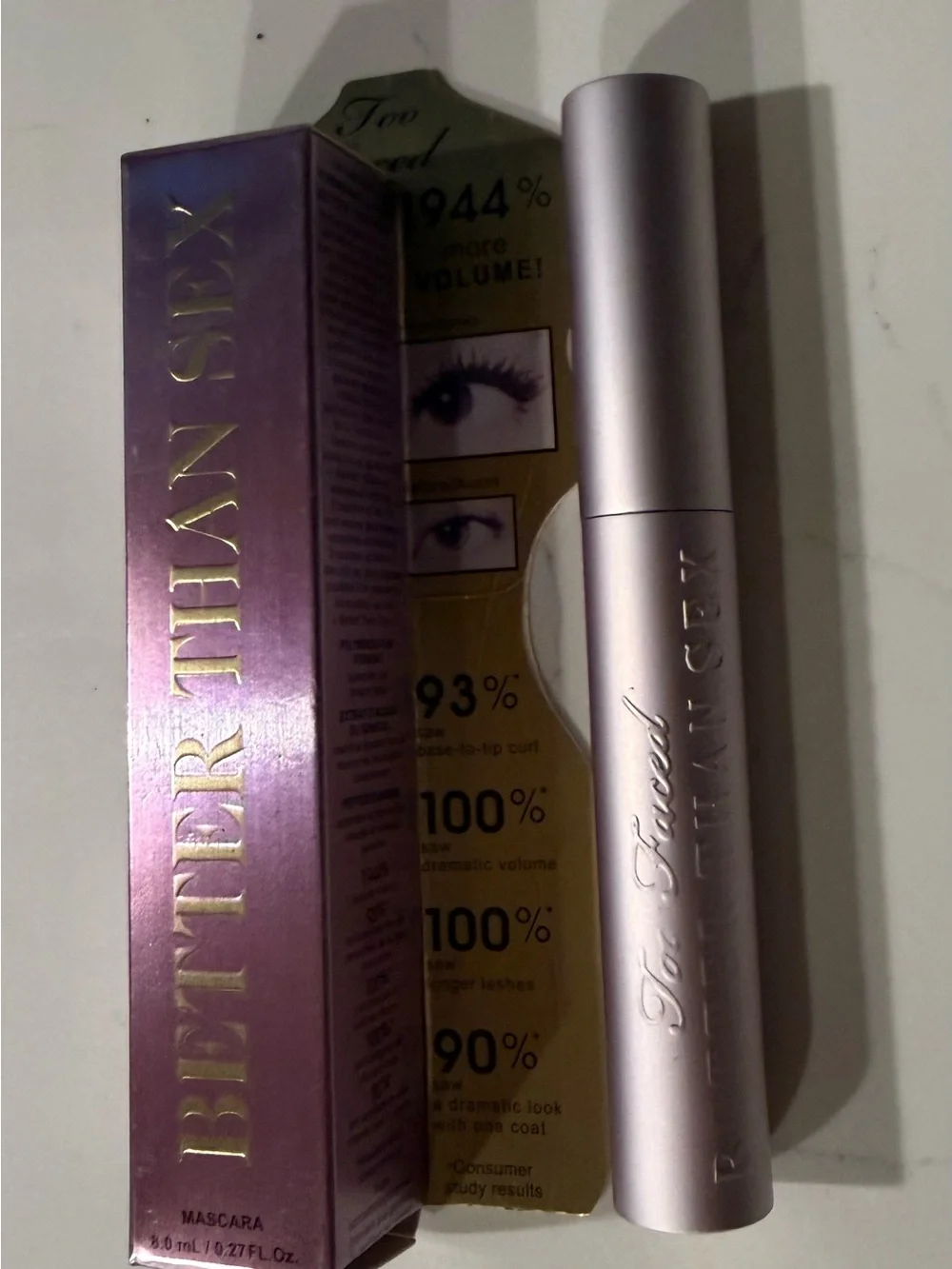 Like Too Faced Mascara Tube in Metallic Pink and Gold Packaging